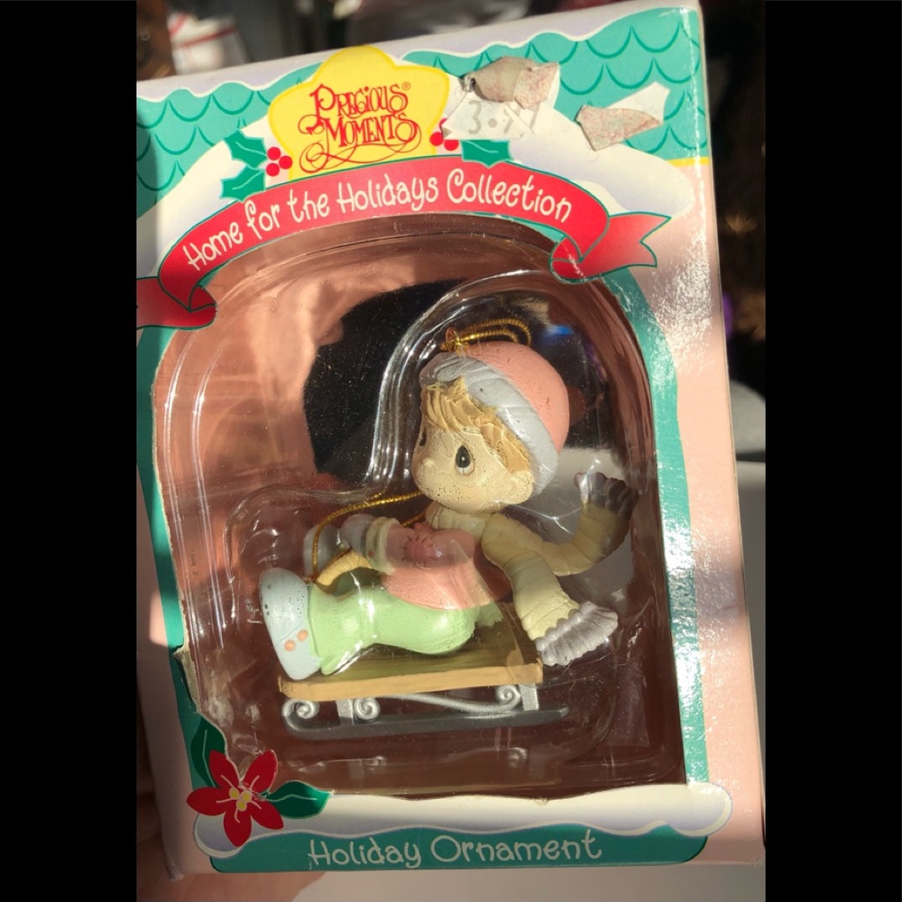 Precious Moments boy on sled ornament EUC
